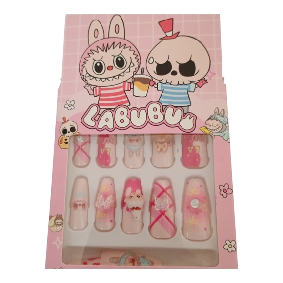 NIB Labubu Pink Press On Nail Art Set Kawaii Cartoon - Picture 1 of 3